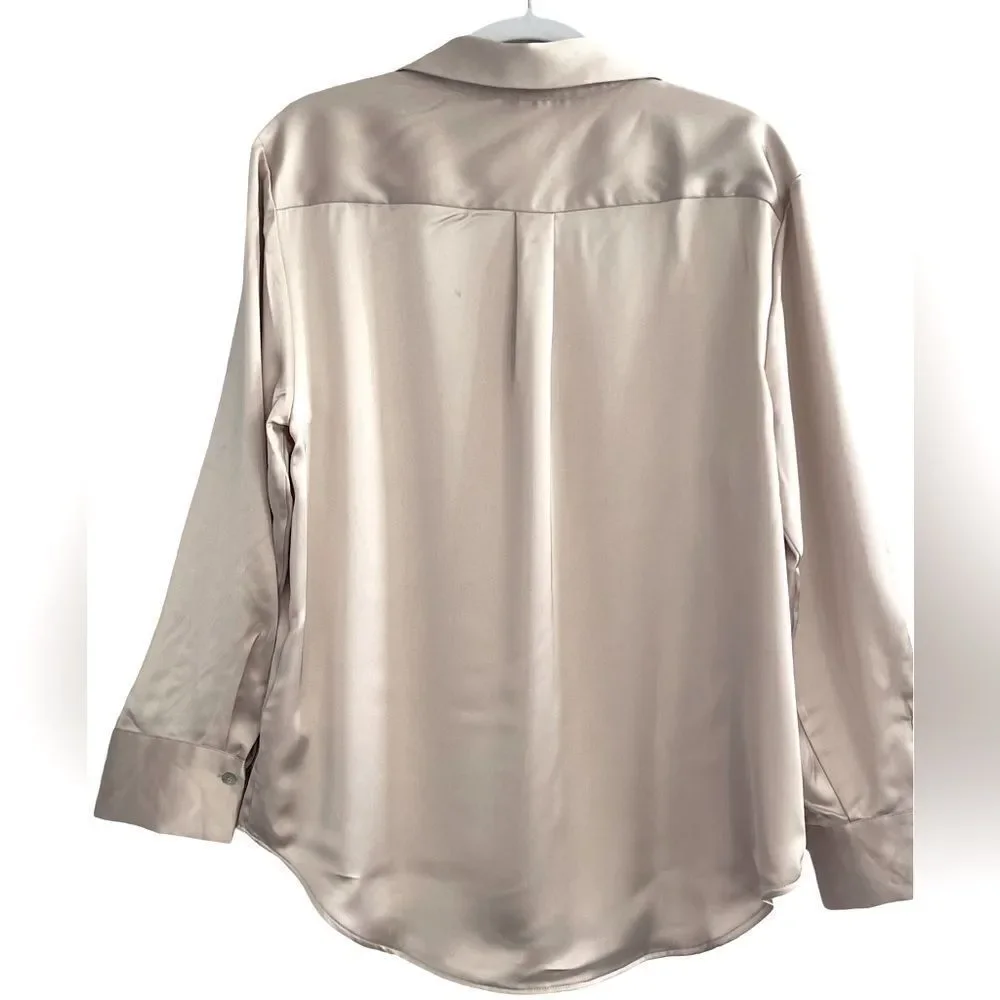 Nicole Miller Satin long sleeve Shirt with flap pockets on Chest SZ:Med Taupe - Picture 3 of 10
